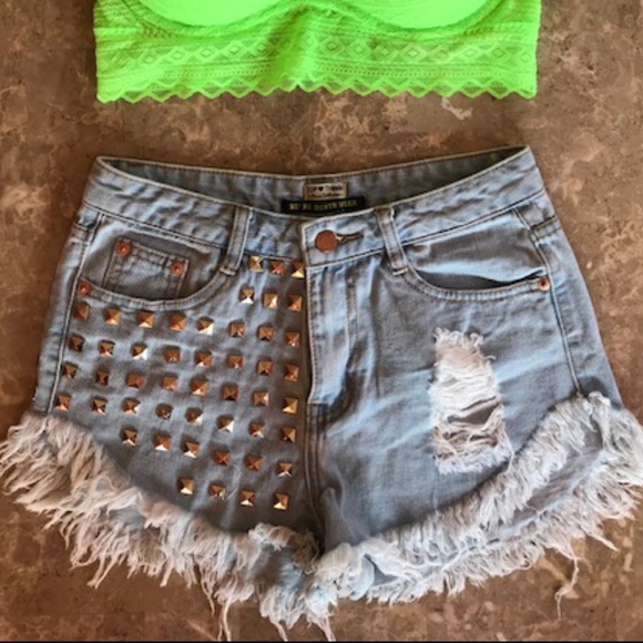 We're Denim Wear Pants - High Waisted Studded Frayed Denim Shorts